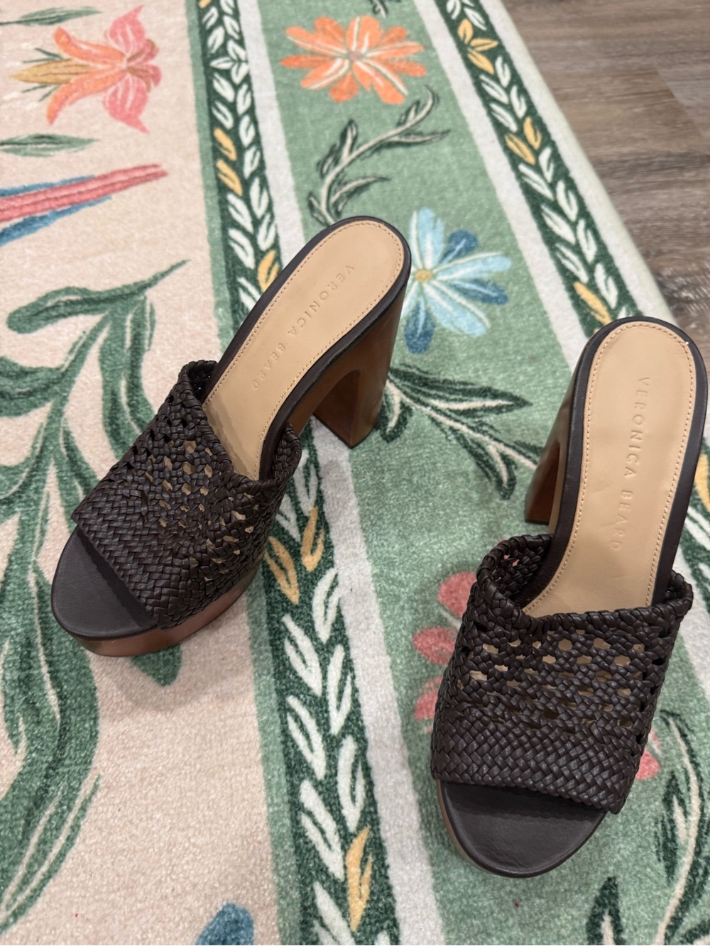 Veronica Beard Dark Brown Woven Leather Block Heel Mules